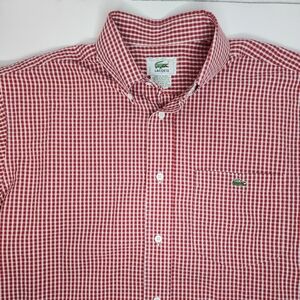 Lacoste France Mens 38 Small Red Gingham Seersucker Shirt 100% Cotton Croc Logo